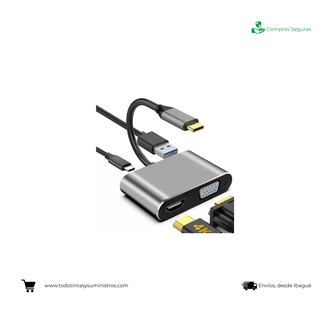 Convertidor 4 en 1 USB Tipo C a Hub  HDTV, VGA, USB Nicols