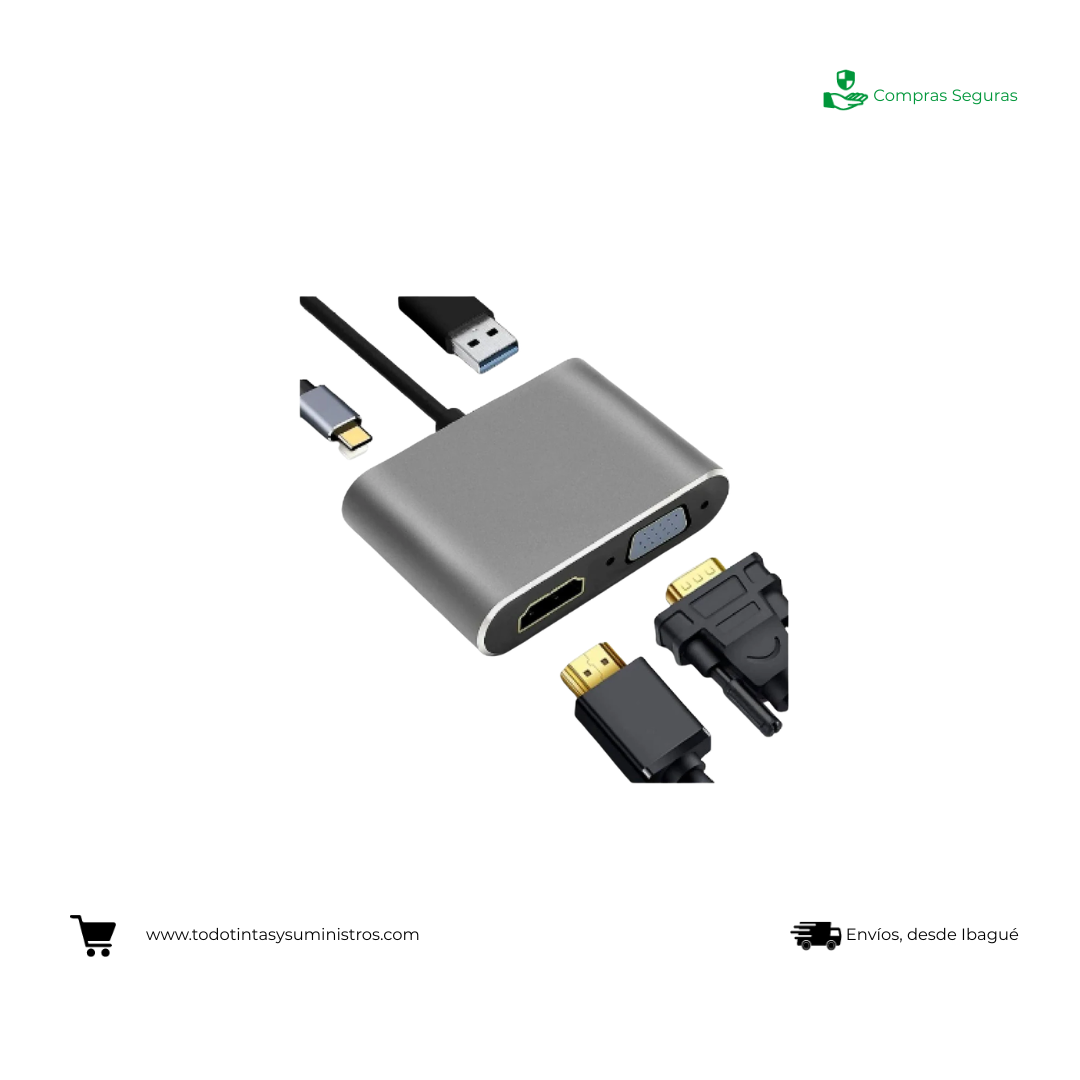 Convertidor 4 en 1 USB Tipo C a Hub  HDTV, VGA, USB Nicols 2