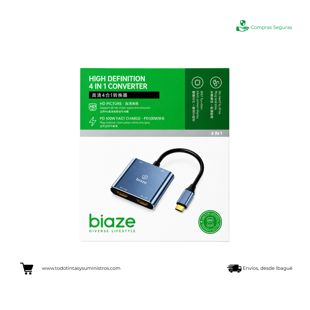 Convertidor BIAZE 4 en 1 USB-C a HDMI Dual 4K