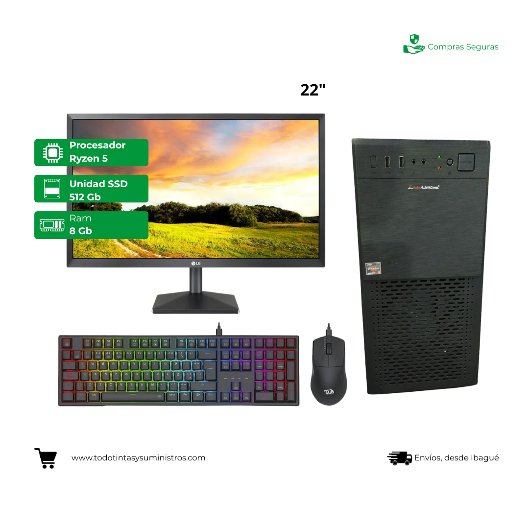 Equipo Basik PRO Ryzen 5 5600 Ram 8 GB Ssd 512 GB + Monitor LG 22" 2