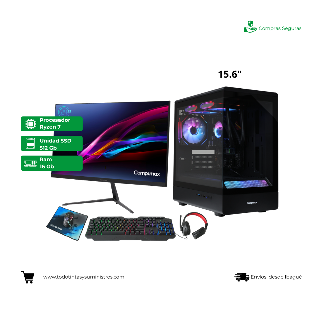 Equipo Compumax AMD Ryzen 7 5700x Ram 16Gb Ssd 512Gb Rtx 3050 6Gb Led 24"