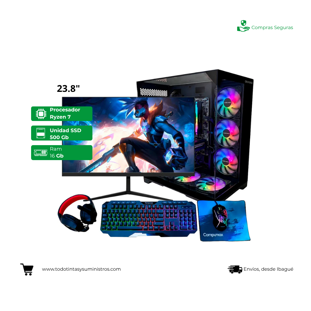 Equipo Compumax Ryzen 7 5700 Ram 16 GB Ssd 500 GB Rtx 3050 6 GB 23.8"