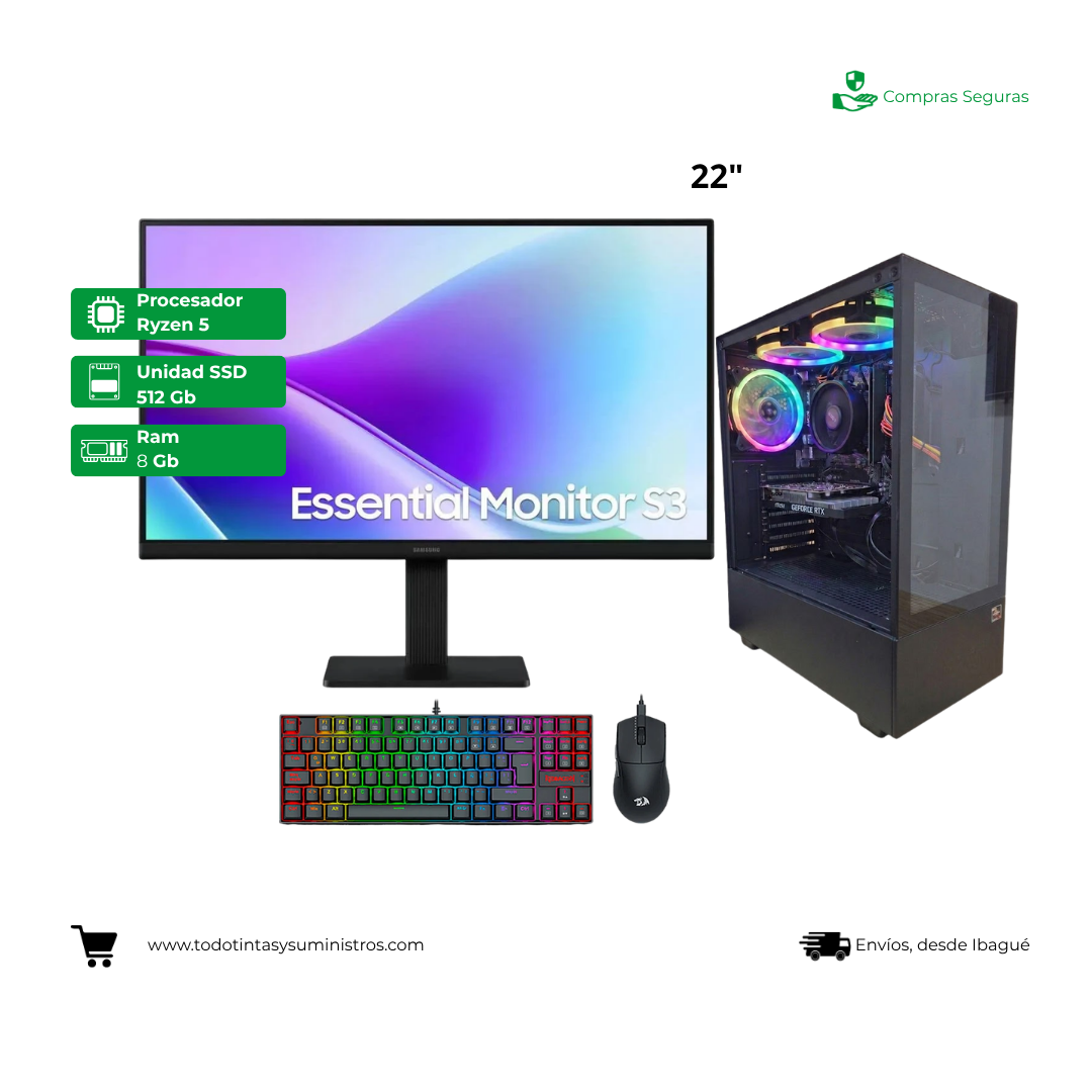 Equipo Gamer Cyan Nexus Ryzen 5 5500 Ram 8GB Ssd 512GB Led Samsung 22" + RTX 3050 6GB