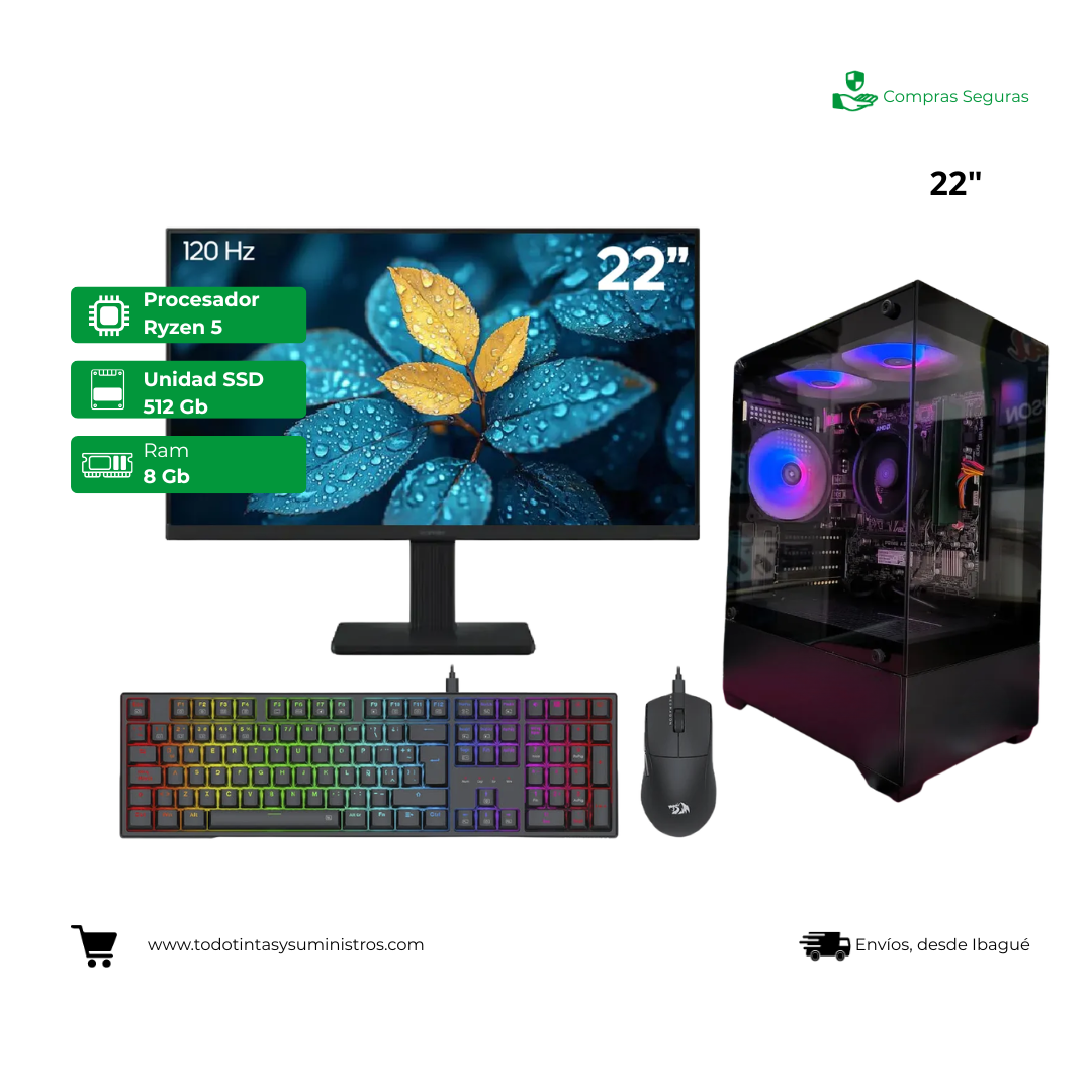 Equipo Gamer de Entrada Basik Pro Ryzen 5 5600GT Ram 8Gb Ssd 512Gb 22"