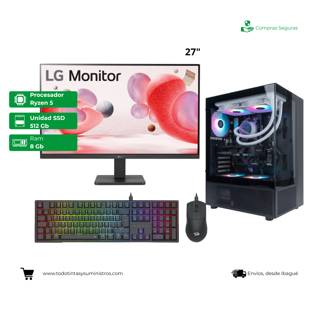 Equipo Gamer Magenta Rebel Ryzen 5 8500 DDR5 5600 de 16Gb Ssd512Gb Rtx 5050 Oc 8Gb Refrigeracion Liquida Led LG 27"