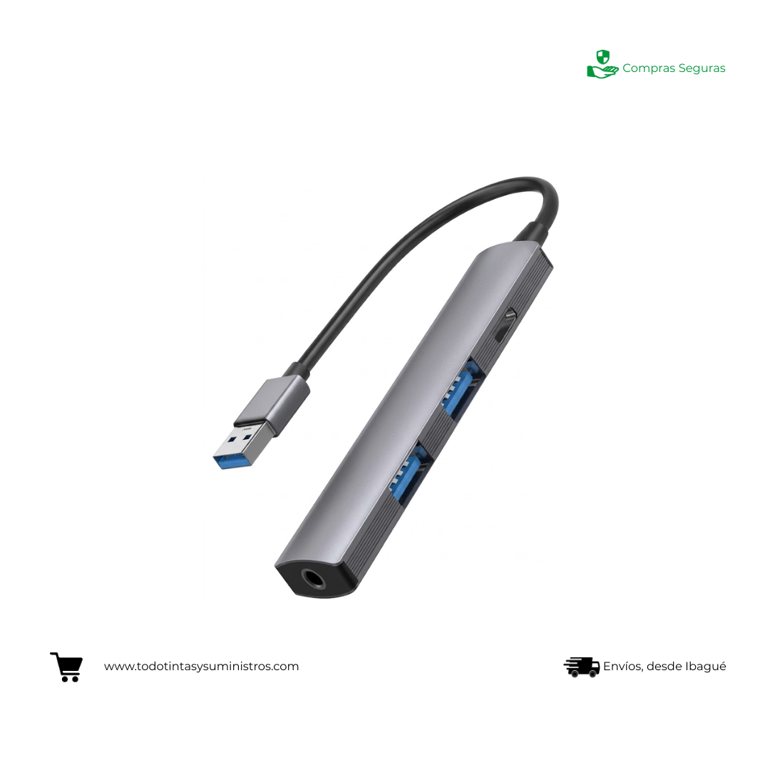 Hub USB 4 en 1 USB-A a USB-C + USB 3.0 + Audio 3.5 mm