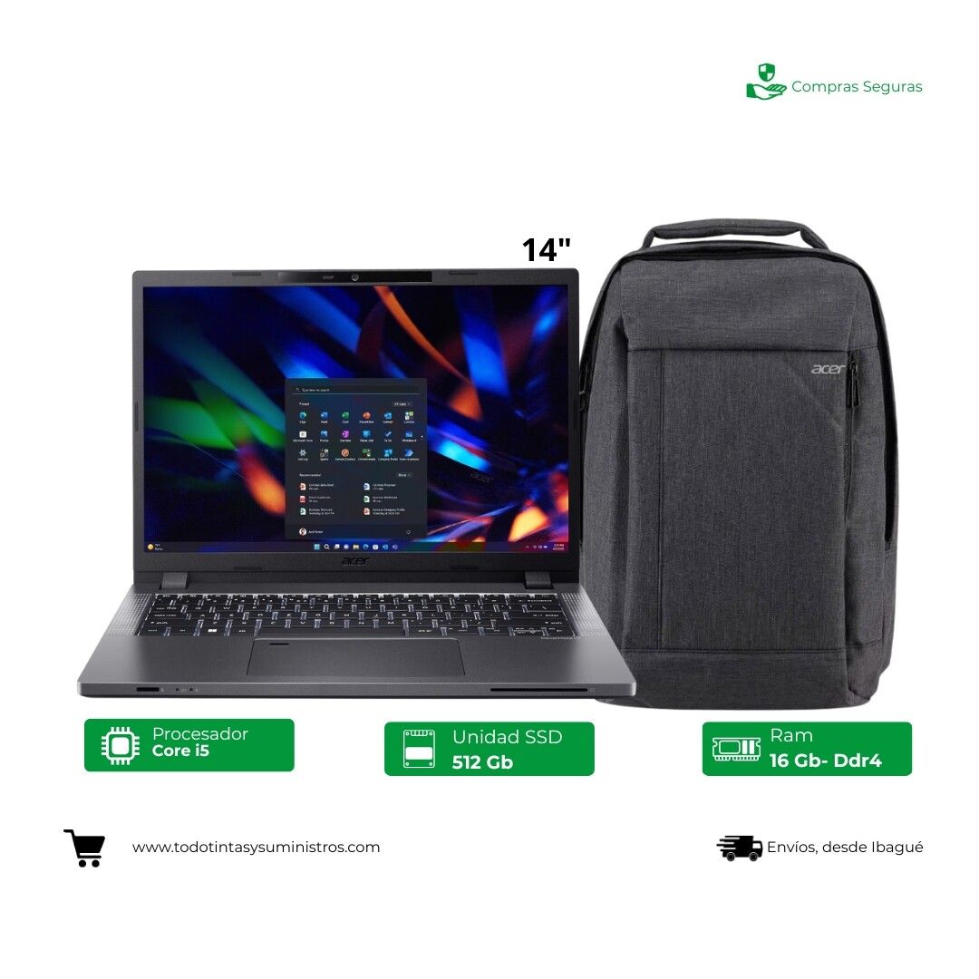 Portátil Acer TravelMate P2 14” Core i5 Ram 16GB Ssd 512GB Incluye Morral