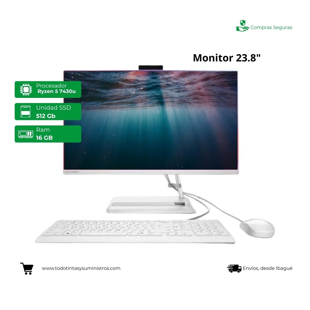 Todo en uno Lenovo AMD Ryzen 5 7430u Ram 16GB Ssd 512GB 23.8"