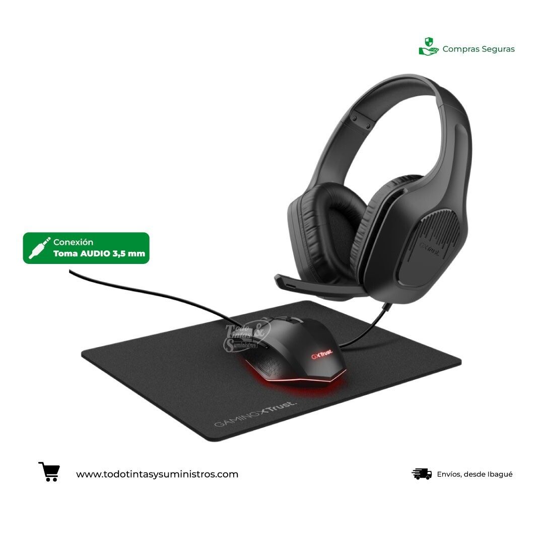 Combo Trust GXT 790 3 en 1 Diadema+Mouse+Pad Mouse Alambrico Negro