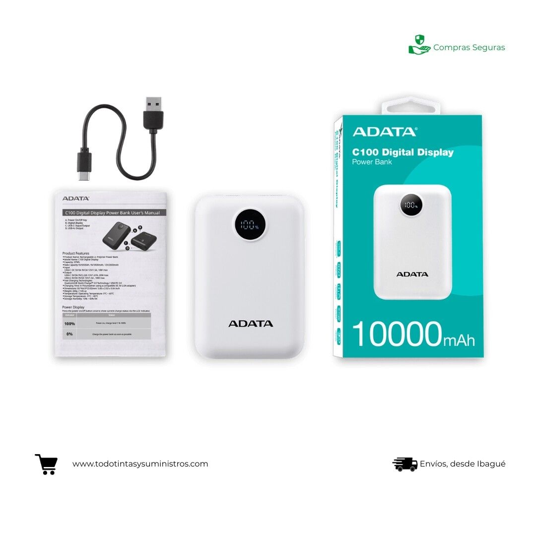 Power Bank Adata C100 con Pantalla Digital USB-C Blanco(10.000 Mah) 3