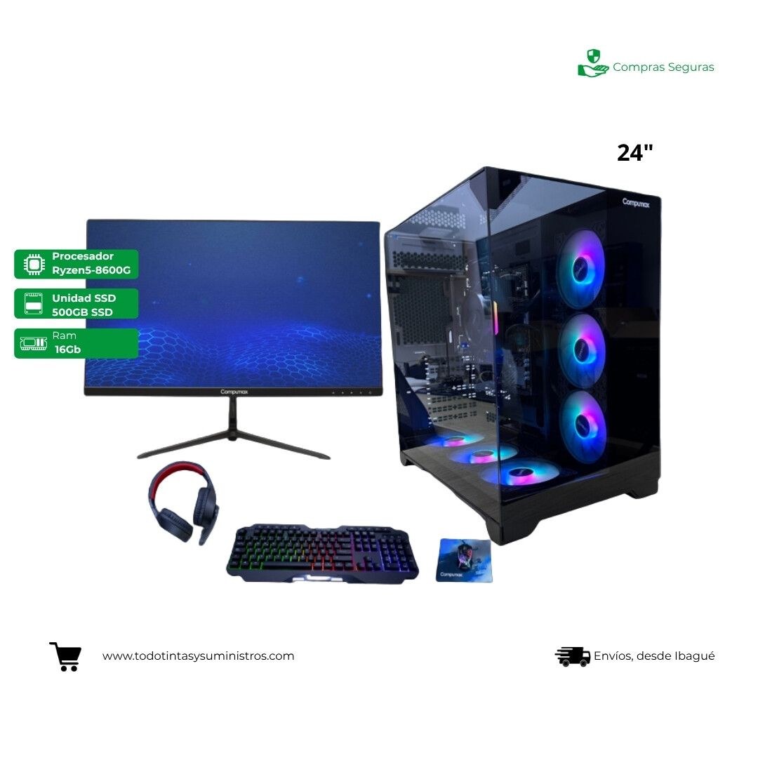 Computador Compumax Gamer Ryzen 5-8600G Ram 16Gb Ssd 500Gb 24" Refrigeración Liquida 360Mm