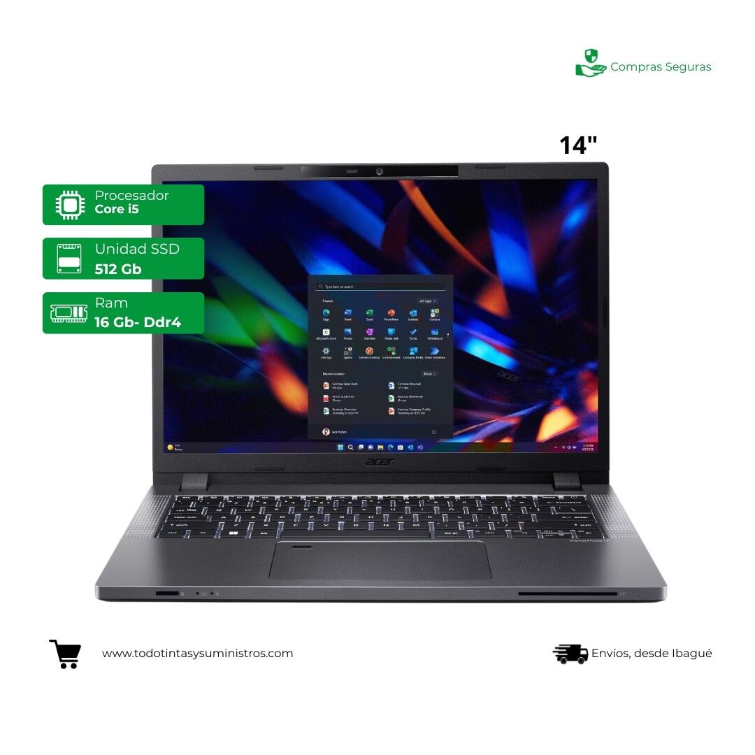 Portátil Acer TravelMate P2 14” Core i5 Ram 16GB Ssd 512GB Incluye Morral 2