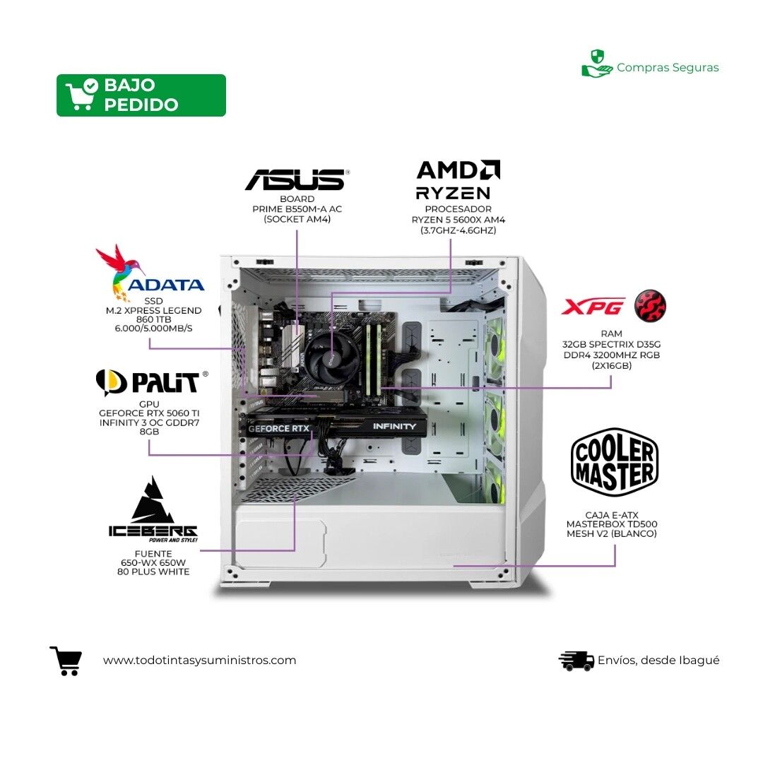PC Gamer Amethyst TA164 AMD Ryzen 5 5600X RTX 5060 Ti 8GB RAM 32GB M.2 1TB 2