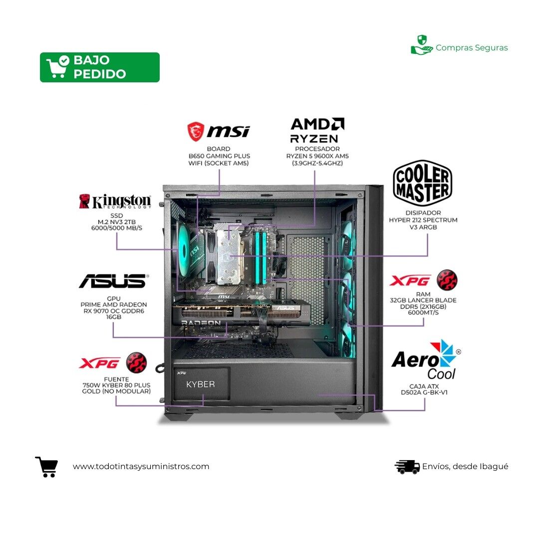 PC Gamer Amethyst TA170 AMD Ryzen 5 9600X RX 9070 16GB RAM 32GB M.2 2TB 2