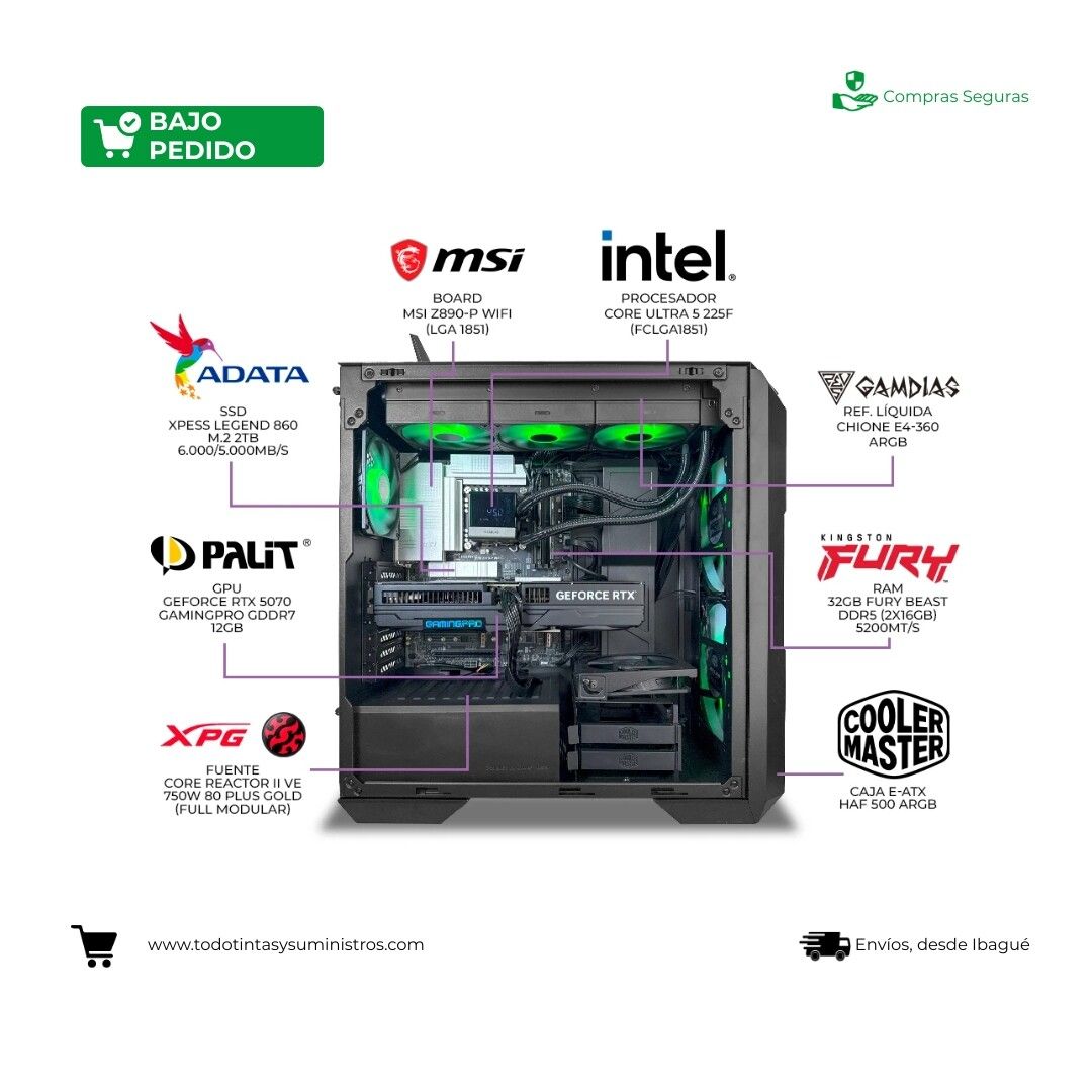 PC Gamer Amethyst TA166 Intel Core Ultra 5 225F RTX 5070 12GB RAM 32GB M.2 2TB 2