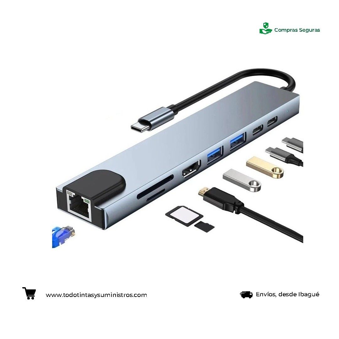 Convertidor 8 en 1 tipo C hdmi usb tipo C SD Rj45 2