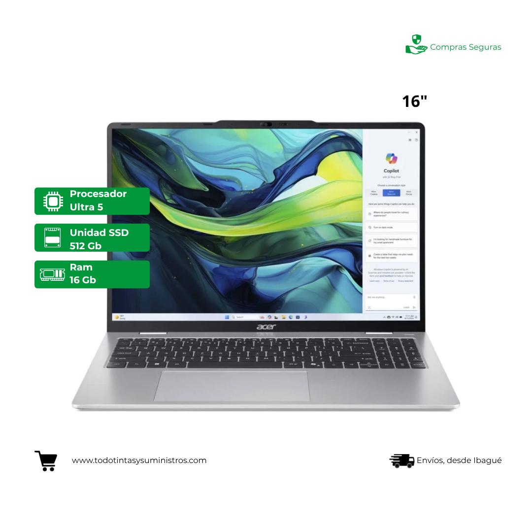 Portatil Acer AL16-53P-56S5 Ultra 5 Ram 16GB Ssd 512GB 16" Silver